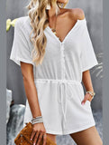 BUTTON UP TIED WAIST ROMPER - Doublju
