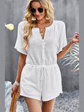 BUTTON UP TIED WAIST ROMPER - Doublju