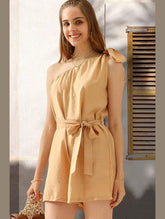 ONE RIBBON SHOULDER STRAP TIED WAIST ROMPER - Doublju
