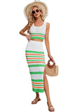 COLOR STRIPED CORP TOP AND SLIT SKIRT SET - Doublju