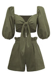 FRONT TIE CROP BLOUSE WITH SHORTS SET - Doublju
