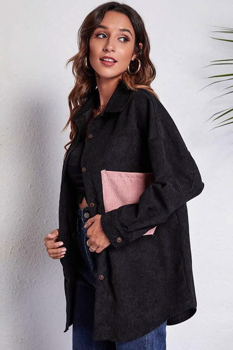 STITCHING POCKETS LOOSE CORDUROY SHIRT - Doublju
