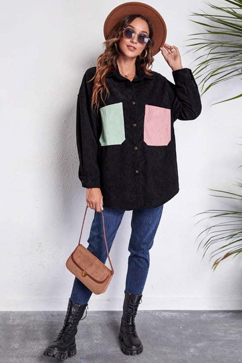 STITCHING POCKETS LOOSE CORDUROY SHIRT - Doublju