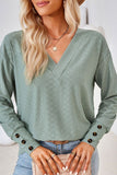 WOMEN V NECK BUTTONED CUFF LOOSE FIT BLOUSE