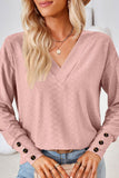 WOMEN V NECK BUTTONED CUFF LOOSE FIT BLOUSE