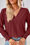 WOMEN V NECK BUTTONED CUFF LOOSE FIT BLOUSE