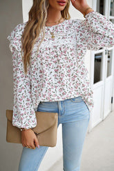 WOMEN LACE TRIM FRILL ANGEL SLEEVE FLORAL BLOUSE