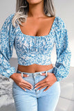 LANTERN SLEEVE BOW FLORAL CHIFFON CROP BLOUSE