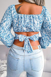 LANTERN SLEEVE BOW FLORAL CHIFFON CROP BLOUSE