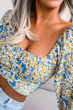 LANTERN SLEEVE BOW FLORAL CHIFFON CROP BLOUSE
