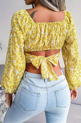 LANTERN SLEEVE BOW FLORAL CHIFFON CROP BLOUSE