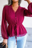 LANTERN SLEEVE RUFFLED SWISS DOT CHIFFON TUNIC