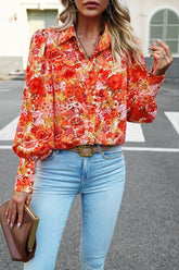 FLORAL PRINTING BUTTON UP FITTED CUFF BLOUSE