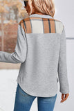 WOMEN BUTTONED HIGH NECK PLAID BLOCK PULLOVER TOP