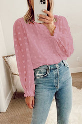 WOMEN LACE SWISS DOT RUFFLE CUFF BLOUSE