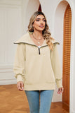 WOMEN LAPEL ZIP UP LONG SLEEVE LOOSE PULLOVER