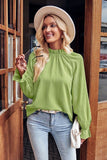 WOMEN SHIRRED HIGH NECK LONG SLEEVE SOLID BLOUSE