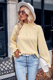 WOMEN SHIRRED HIGH NECK LONG SLEEVE SOLID BLOUSE