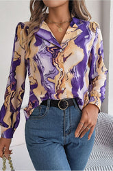 WOMEN MARBLE PATTERNED BUTTON DOWN OFFICE BLOUSE
