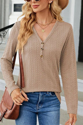 WOMEN LONG SLEEVE HENLEY NECK CASUAL FALL BLOUSE