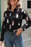 WOMEN FEATHER PRINTING BUTTON DOWN BLOUSE TOP
