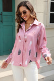 WOMEN FEATHER PRINTING BUTTON DOWN BLOUSE TOP