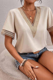V NECK LACE POINT SHORT SLEEVE TOP - Doublju