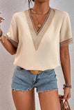 V NECK LACE POINT SHORT SLEEVE TOP - Doublju