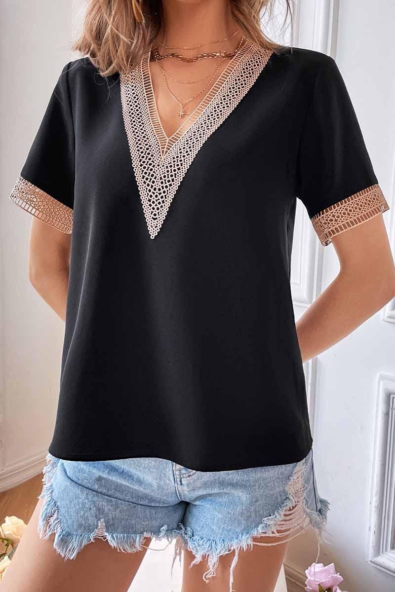 V NECK LACE POINT SHORT SLEEVE TOP - Doublju