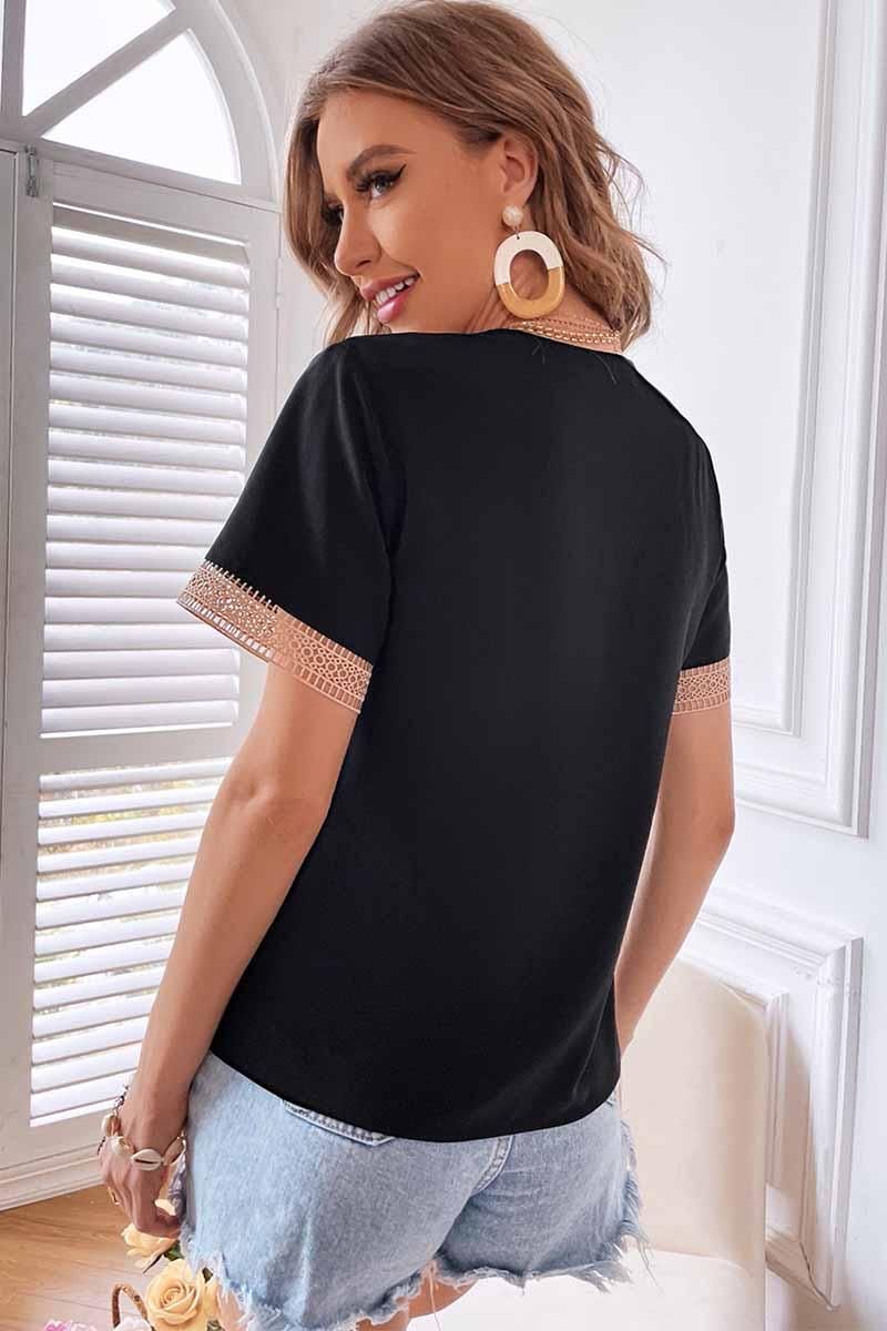 V NECK LACE POINT SHORT SLEEVE TOP - Doublju