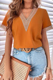 V NECK LACE POINT SHORT SLEEVE TOP - Doublju