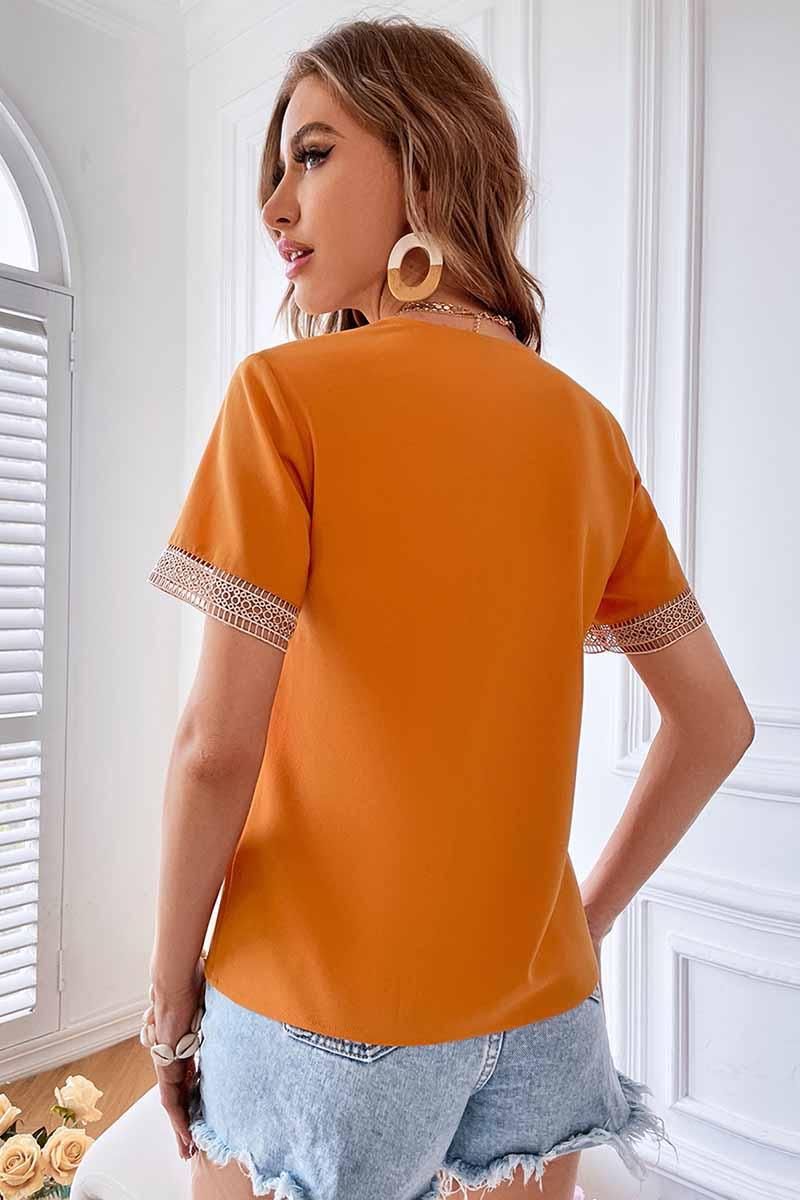 V NECK LACE POINT SHORT SLEEVE TOP - Doublju