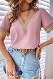 V NECK LACE POINT SHORT SLEEVE TOP - Doublju