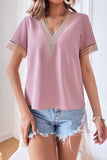 V NECK LACE POINT SHORT SLEEVE TOP - Doublju