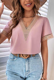 V NECK LACE POINT SHORT SLEEVE TOP - Doublju