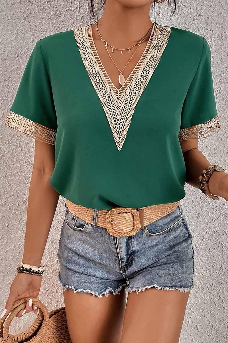 V NECK LACE POINT SHORT SLEEVE TOP - Doublju