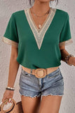 V NECK LACE POINT SHORT SLEEVE TOP - Doublju