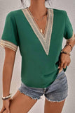 V NECK LACE POINT SHORT SLEEVE TOP - Doublju