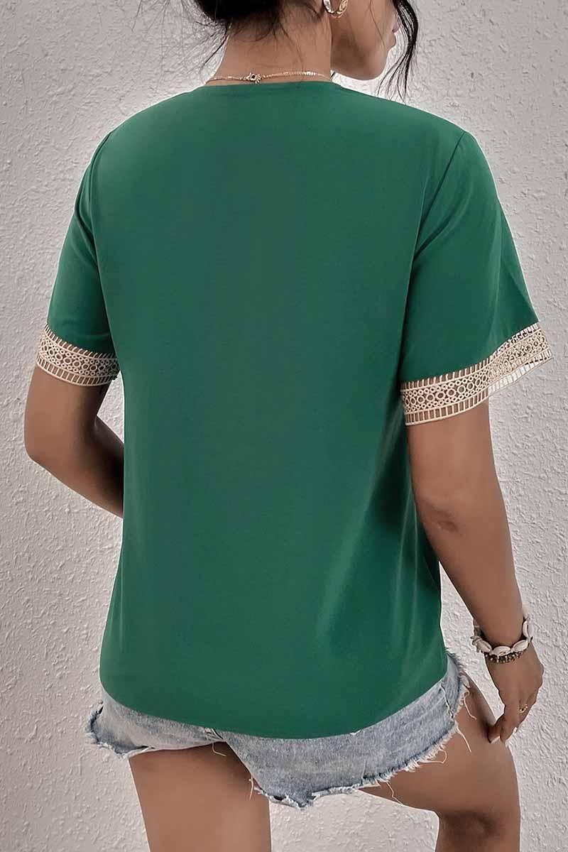 V NECK LACE POINT SHORT SLEEVE TOP - Doublju