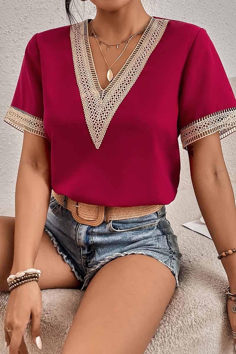 V NECK LACE POINT SHORT SLEEVE TOP - Doublju