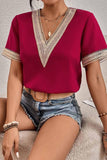 V NECK LACE POINT SHORT SLEEVE TOP - Doublju