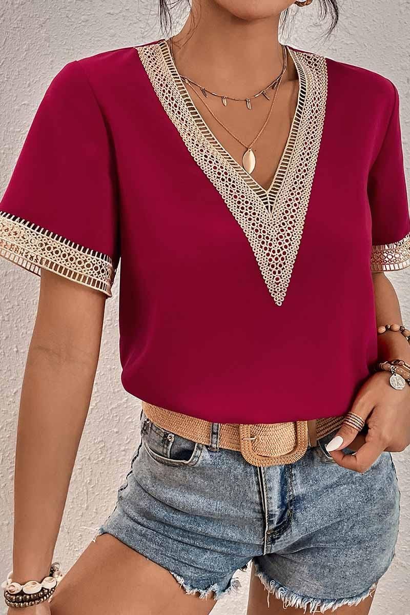 V NECK LACE POINT SHORT SLEEVE TOP - Doublju