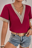 V NECK LACE POINT SHORT SLEEVE TOP - Doublju