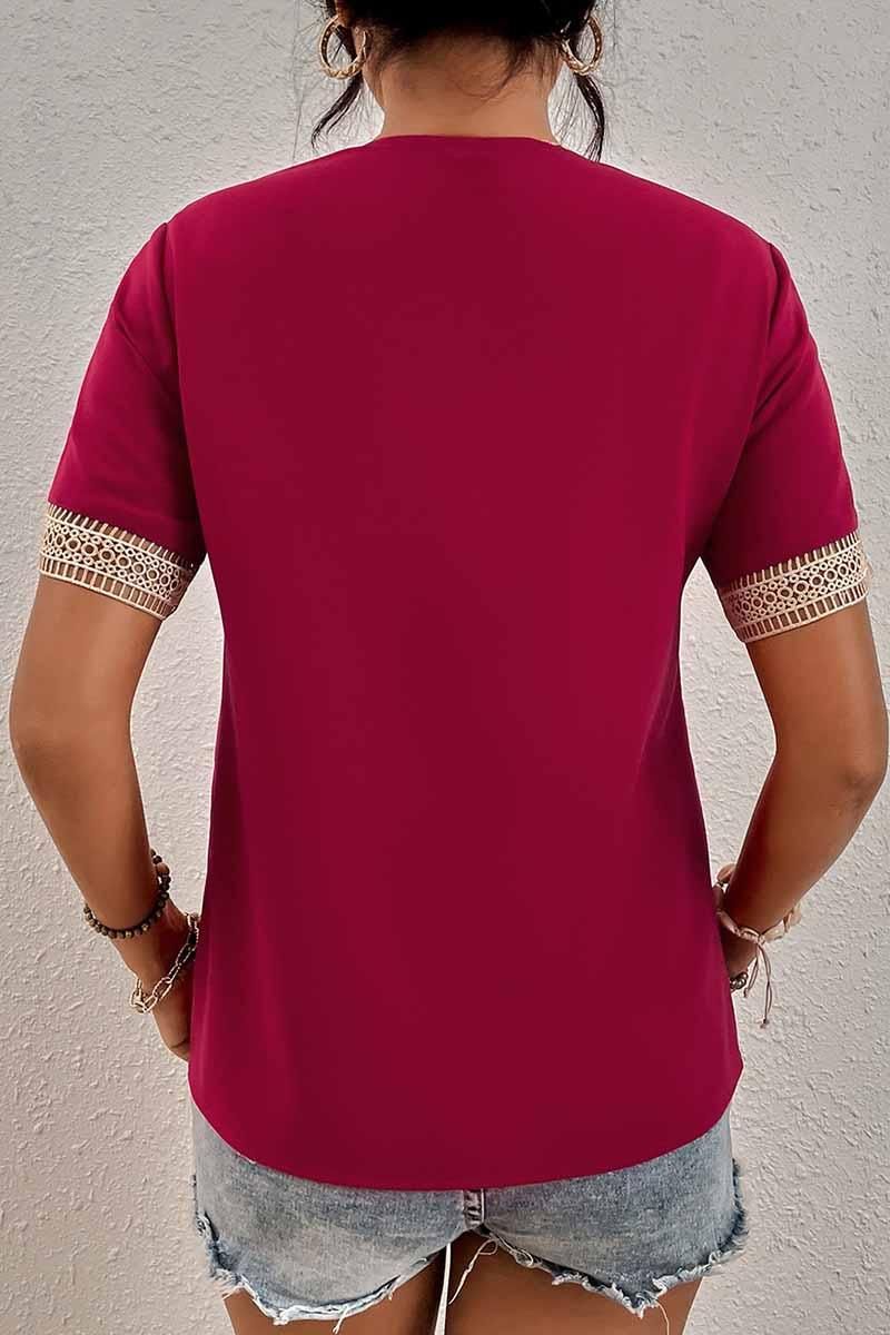 V NECK LACE POINT SHORT SLEEVE TOP - Doublju