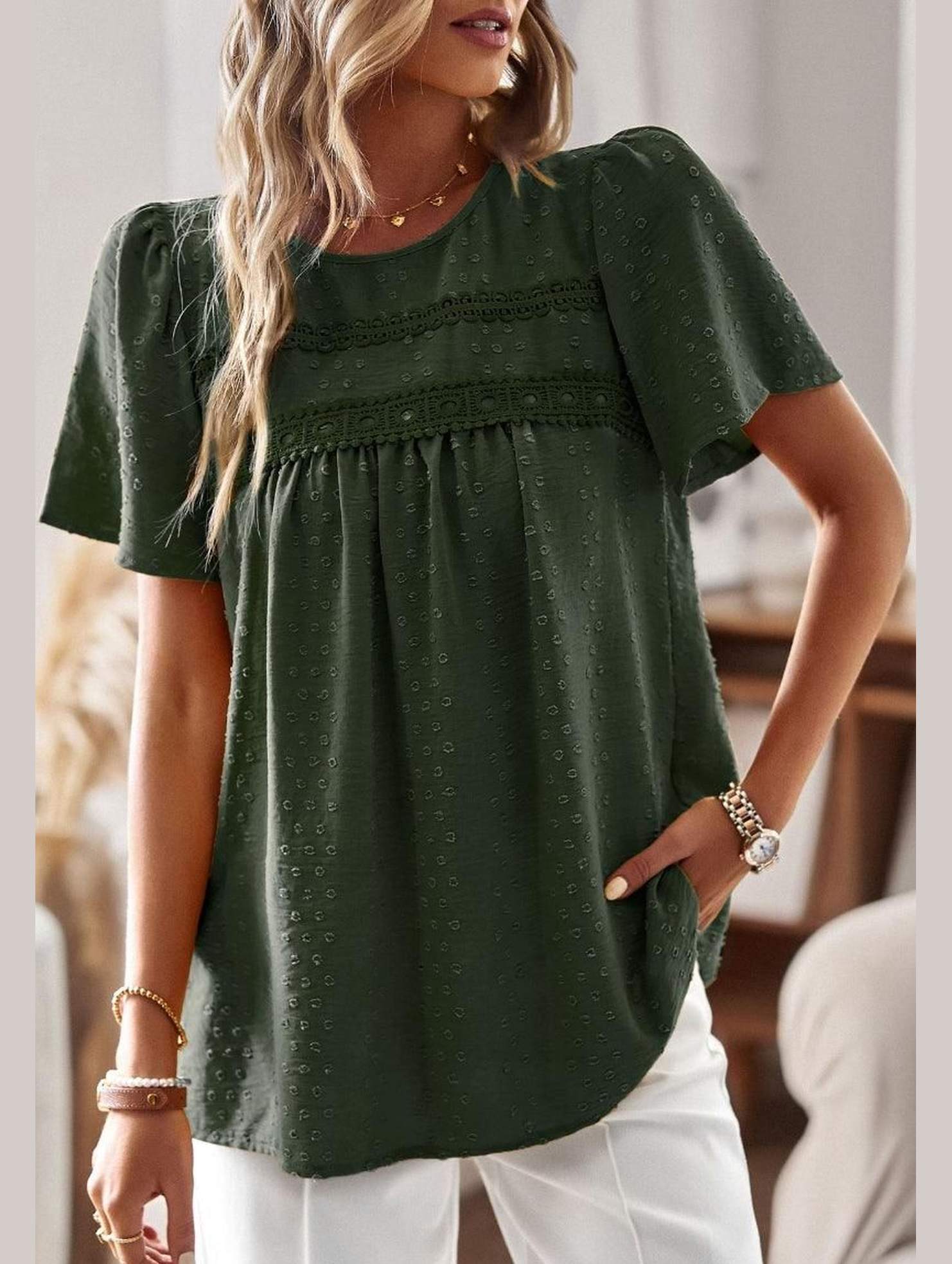 ROUND NECK SPLICED LOOSE BLOUSE - Doublju