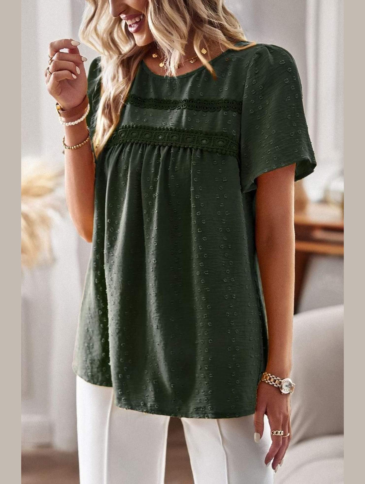ROUND NECK SPLICED LOOSE BLOUSE - Doublju
