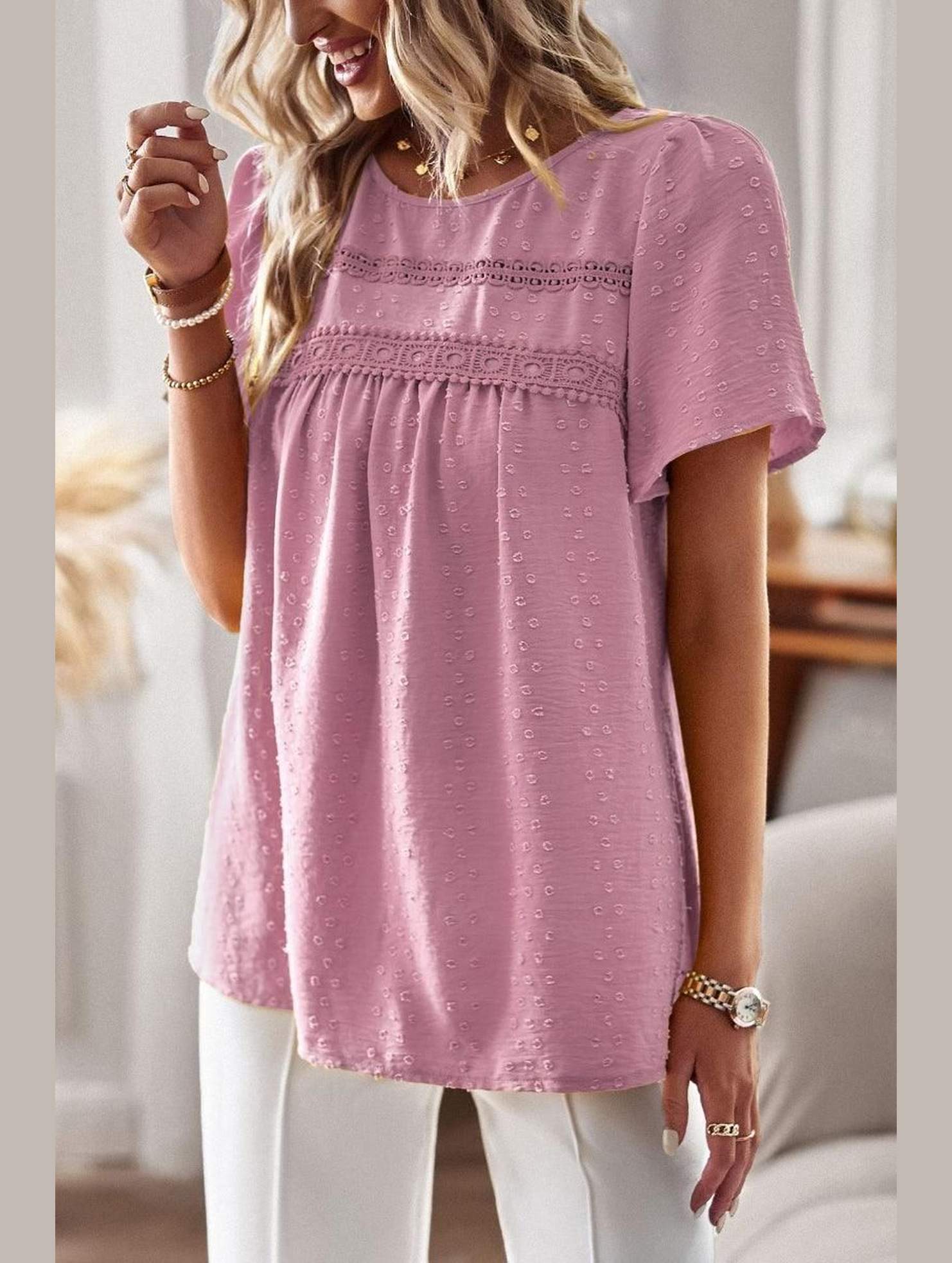 ROUND NECK SPLICED LOOSE BLOUSE - Doublju