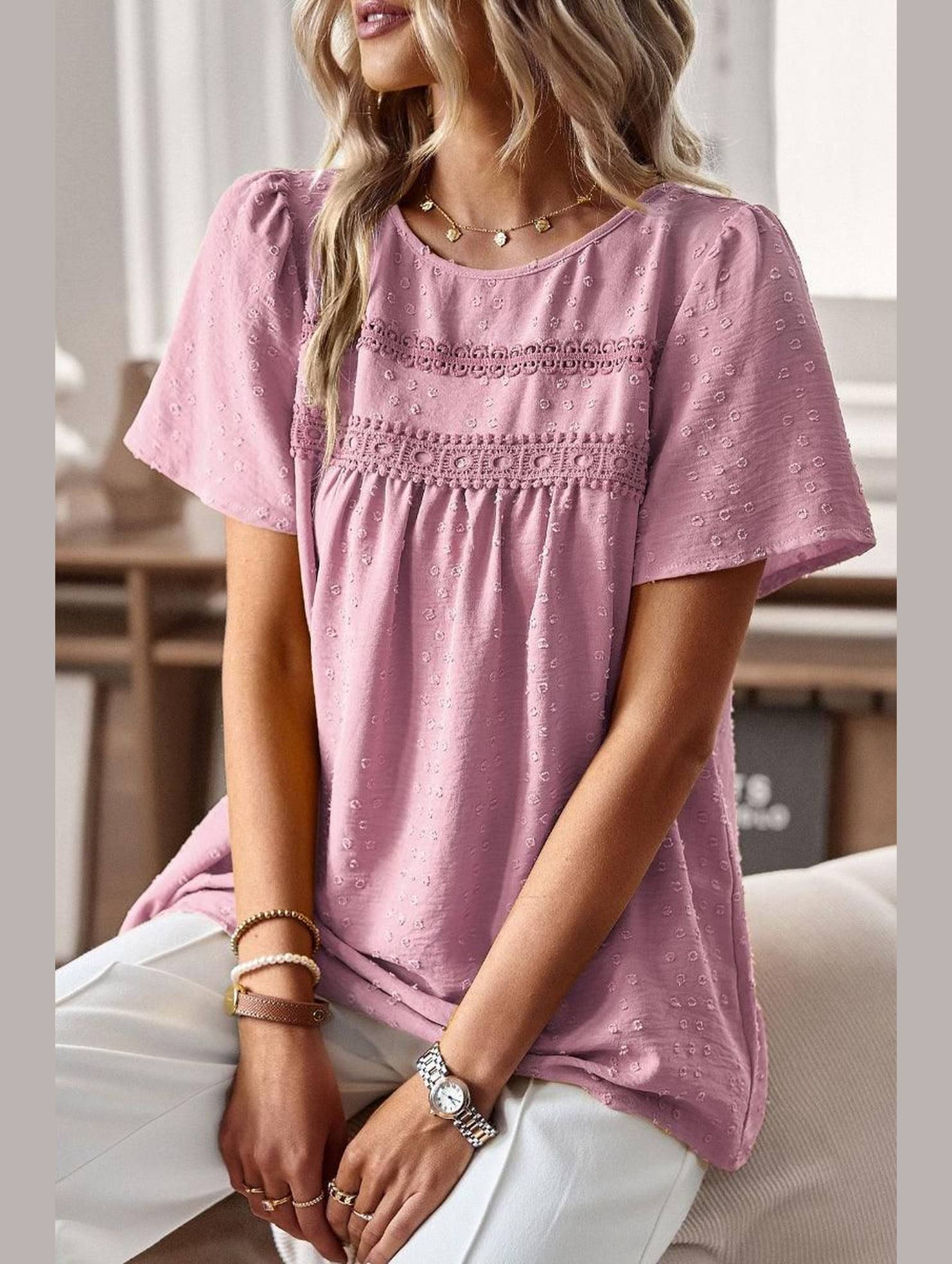 ROUND NECK SPLICED LOOSE BLOUSE - Doublju