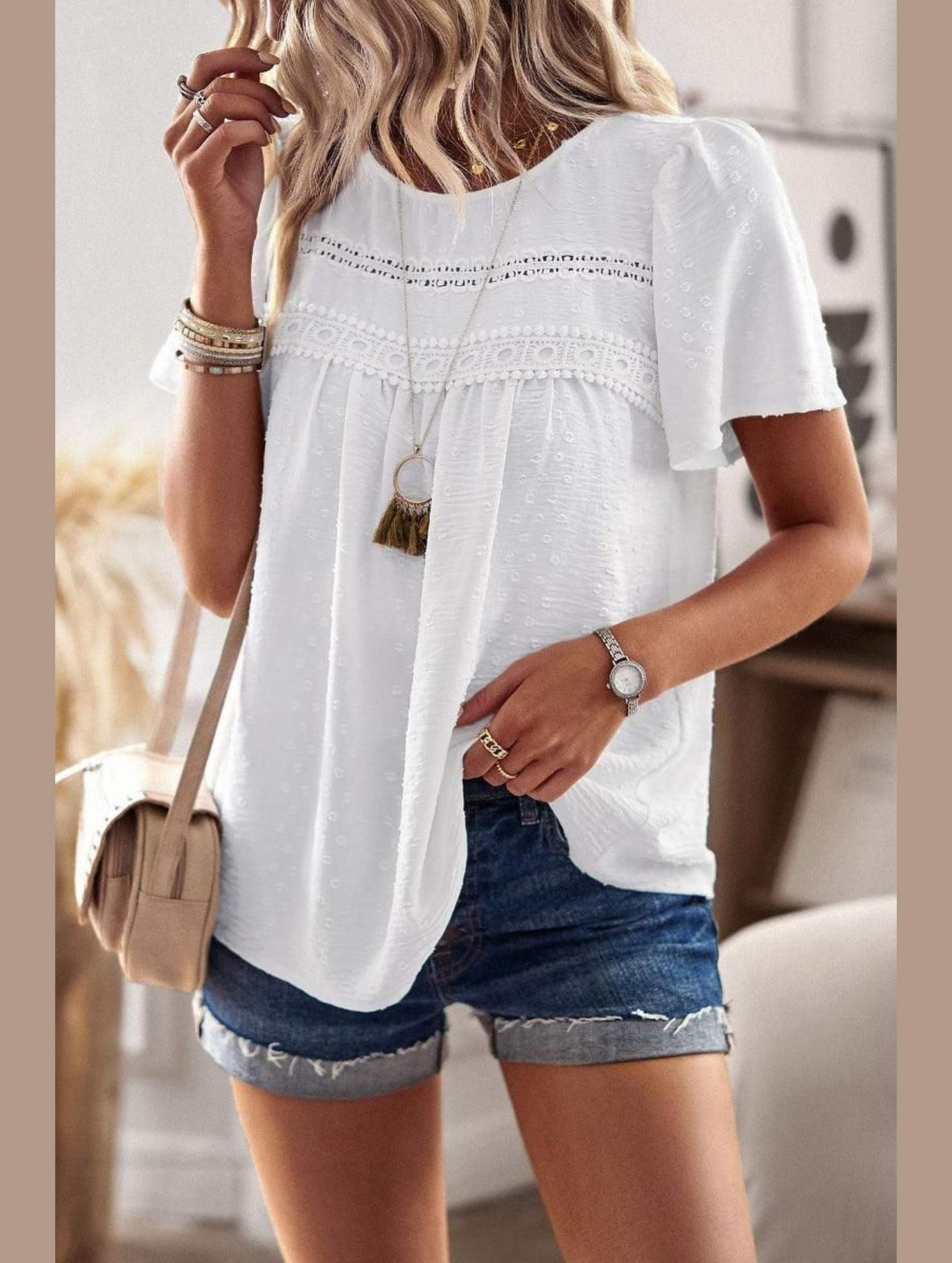 ROUND NECK SPLICED LOOSE BLOUSE - Doublju