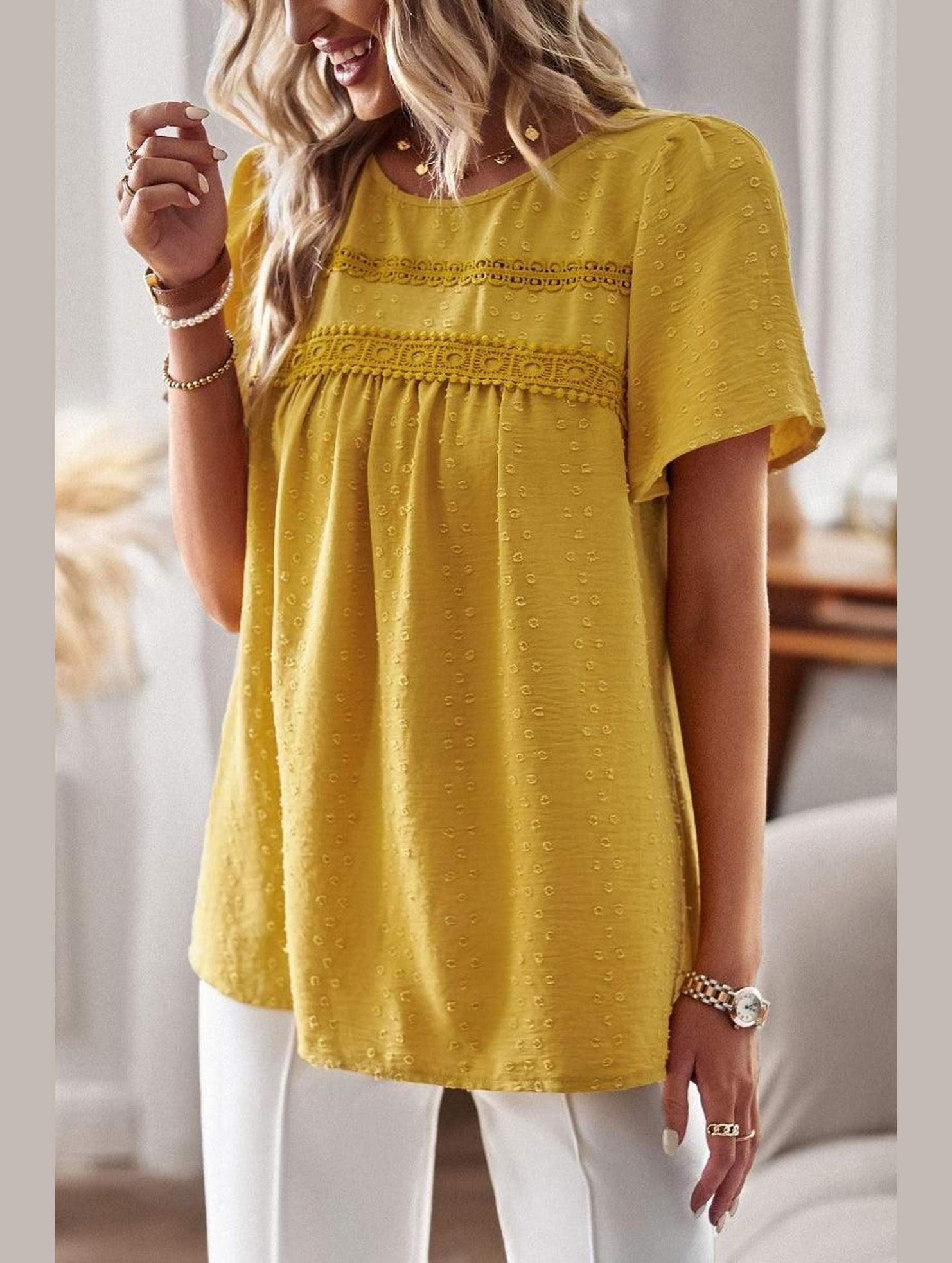 ROUND NECK SPLICED LOOSE BLOUSE - Doublju